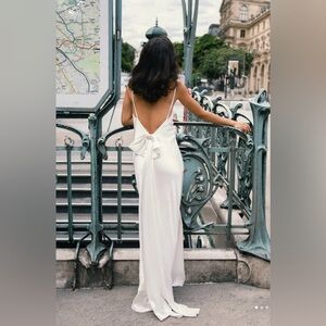 MESHKI KAILEY white satin maxi dress with removable bow